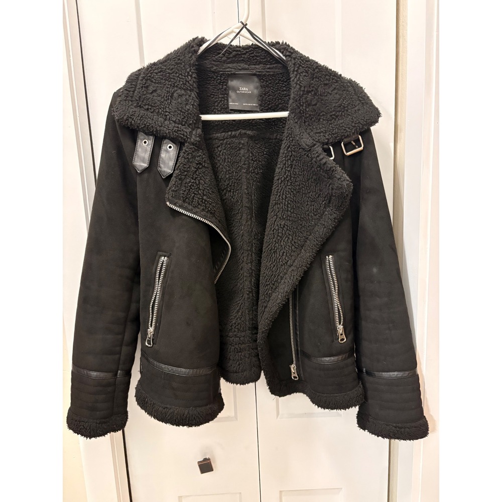 Zara Black Faux Suede Shearling Aviator Moto Jacket Women Medium Buckle Collar